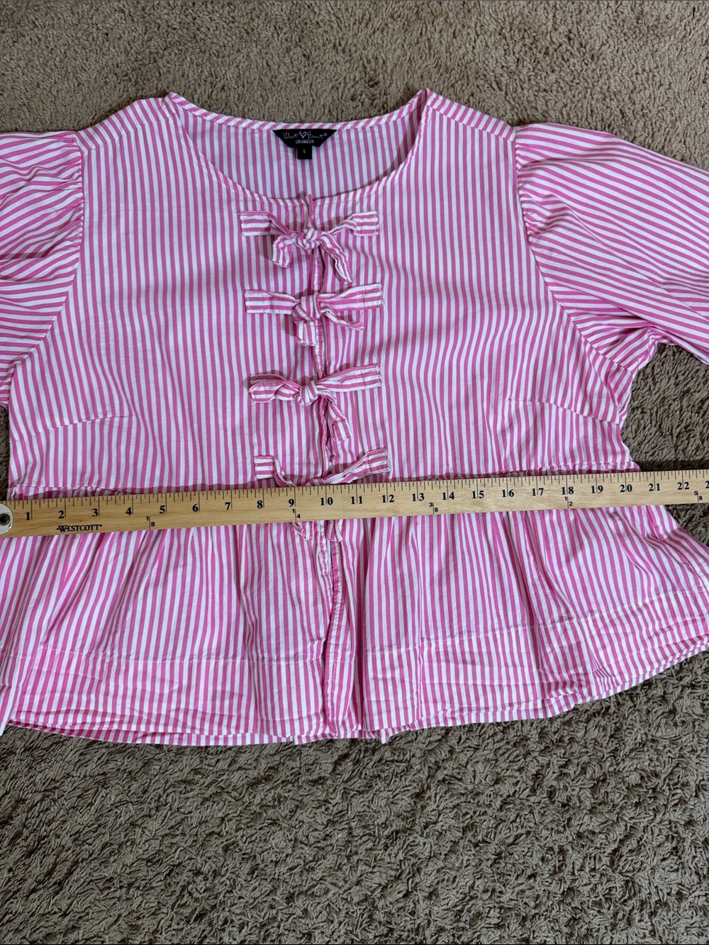 Women's Striped Peplum Bow-Front Top Pink White size L Coquette Feminine Whimsy - Picture 11 of 11